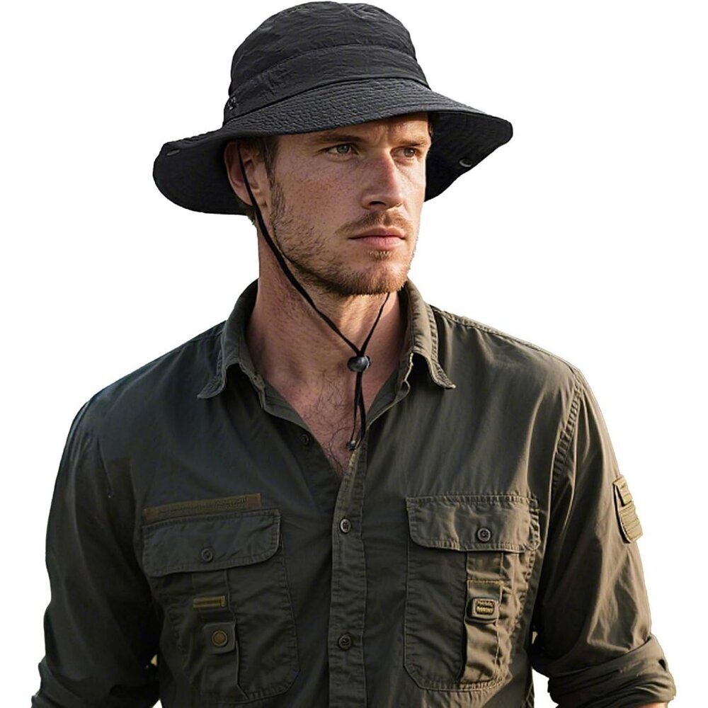 Men's Black 100% Nylon Wide Brim Boonie With Chin Strap Classic Cowboy Felt Hat